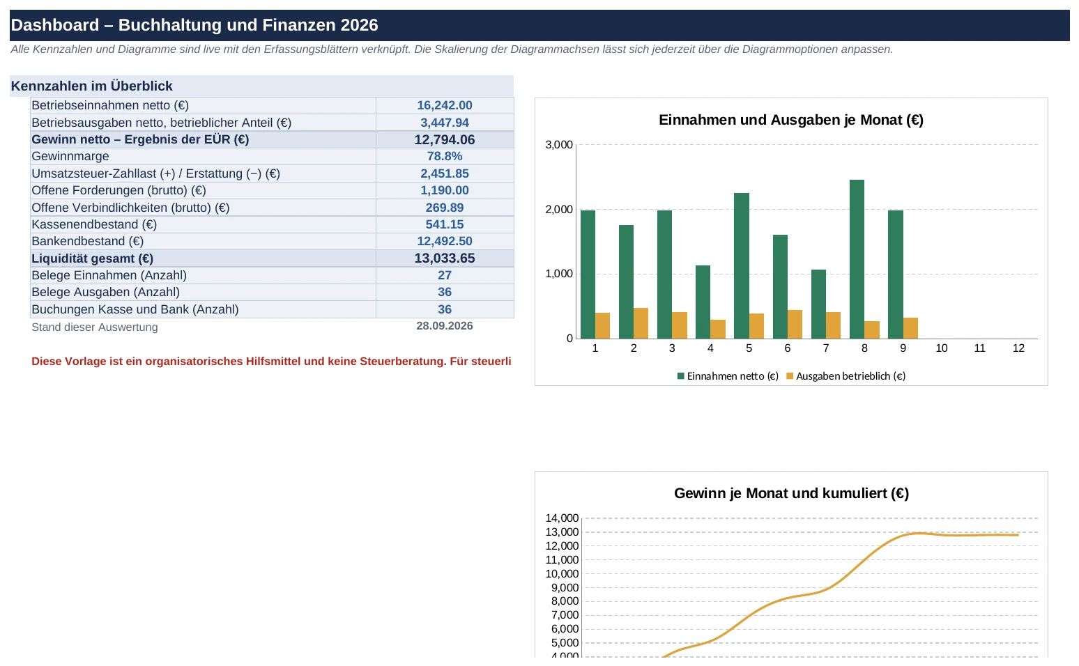 Dashboard der Excel-Vorlage mit Kennzahlen und vier Diagrammen