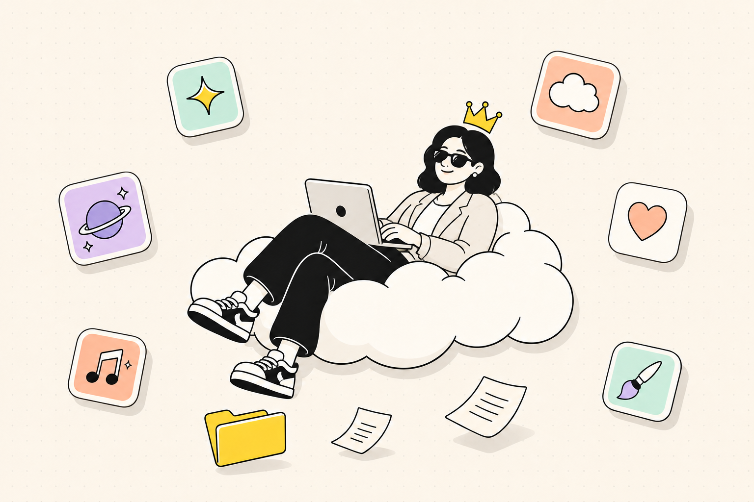 Illustration: Frau auf einer Wolke mit Laptop, umgeben von Kacheln und KI-Tools